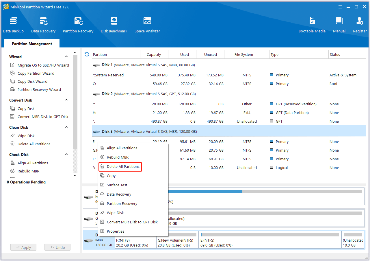 delete all MBR partitions with MiniTool Partition Wizard