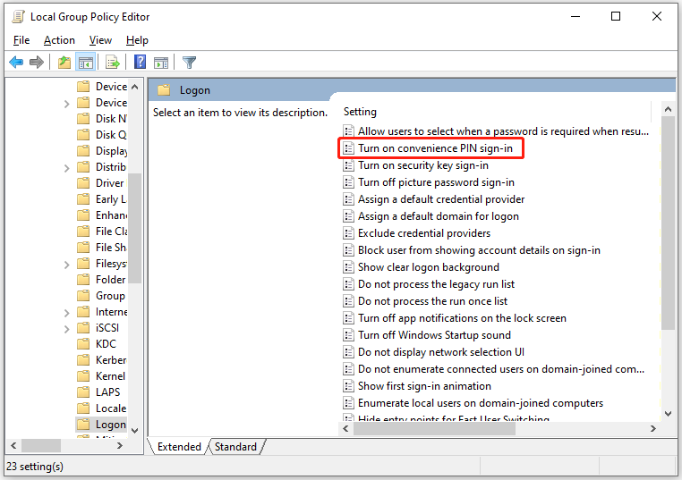 double-click Turn on convenience PIN sign-in