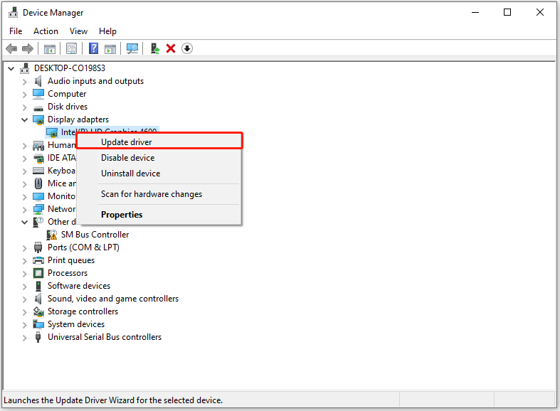 select Update driver in the Device Manager window