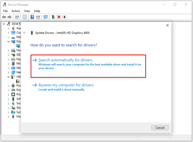 select Search automatically for drivers in the Update Drivers window