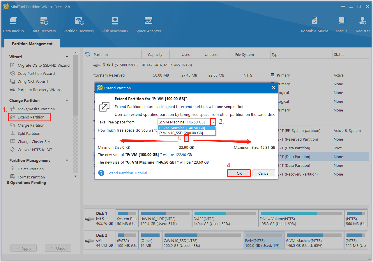 use MiniTool Partition Wizard’s Extend Partition to get more free storage space