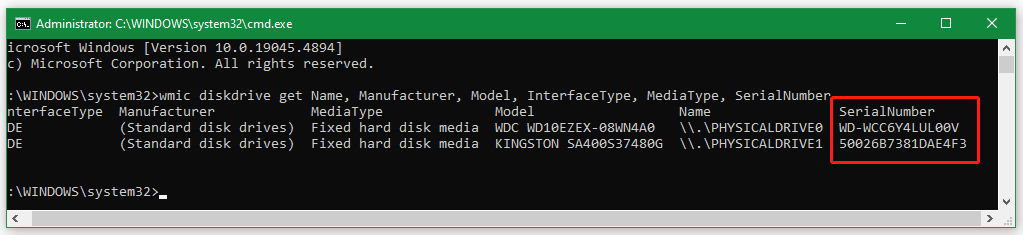 check hard disk serial number using CMD