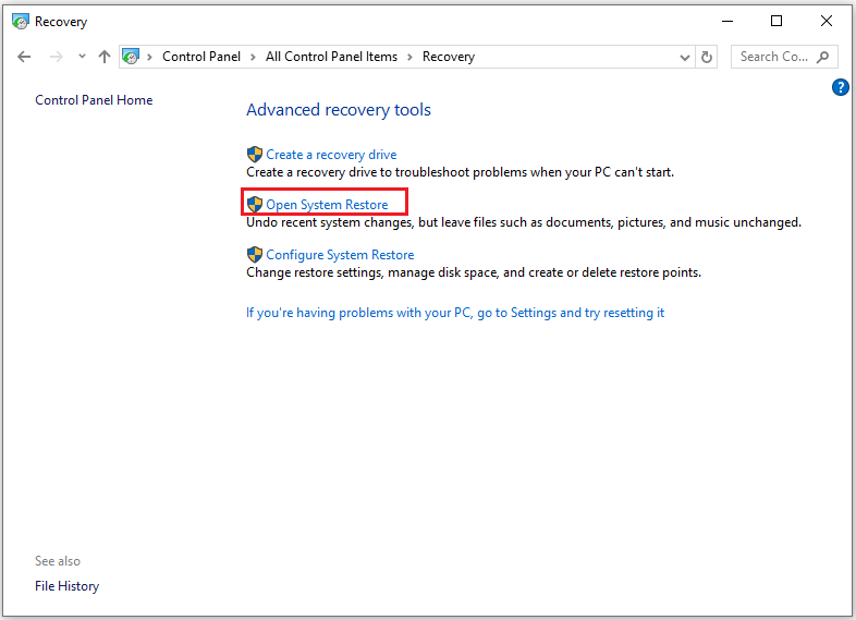 click Open System Restore