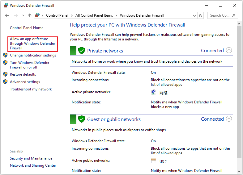 click Allow an app or feature through Windows Defender Firewall