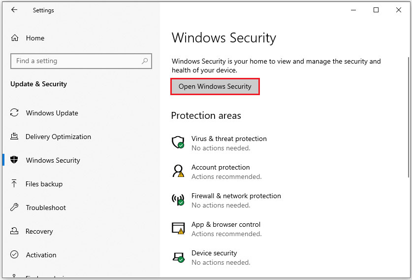 click Open Windows Security