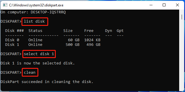 clean disk using DiskPart