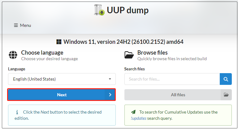 get Windows 11 Build 26100.2152 from UUP dump