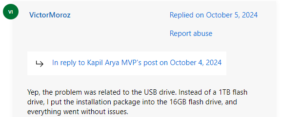 a user report from Microsoft