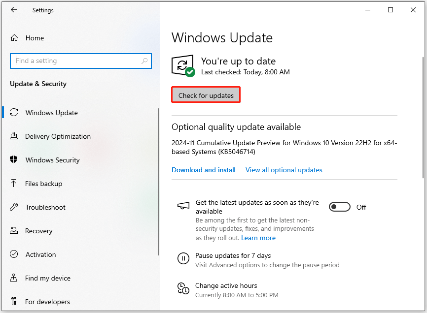 click Check for updates in the Windows Update window