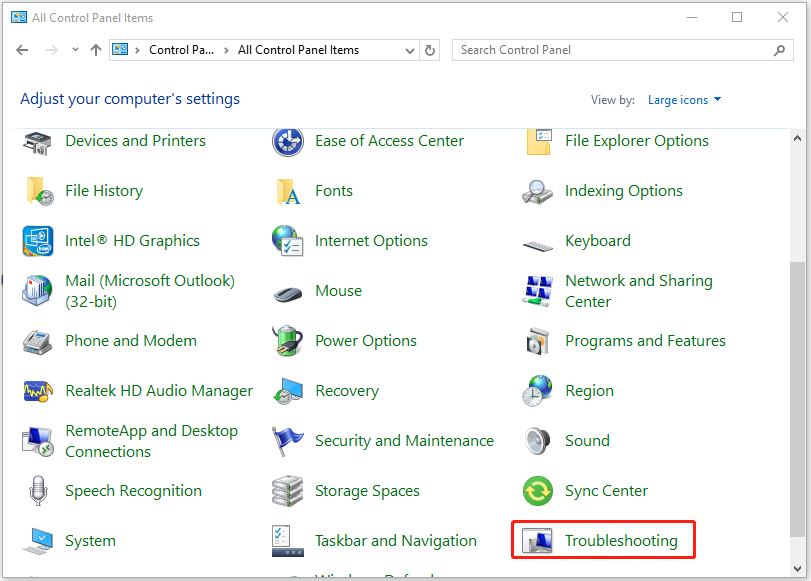 click Troubleshooting in Control Panel