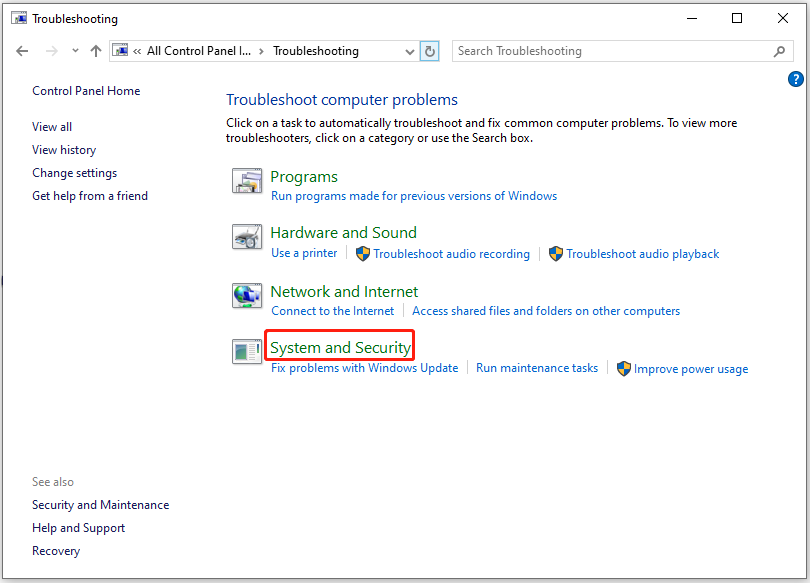 click System and Security in Troubleshooting window