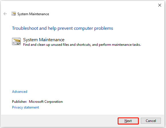 click Next in System Maintenance window