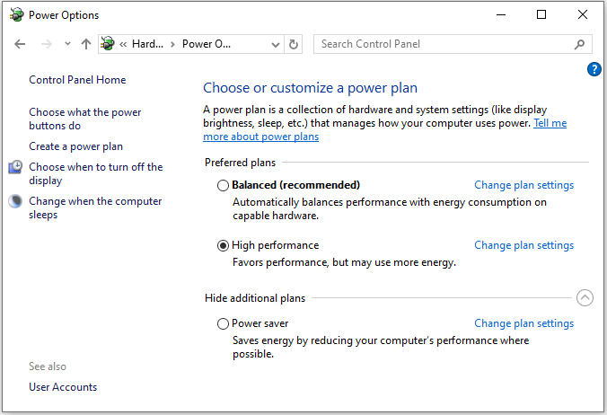 select high performance power plan