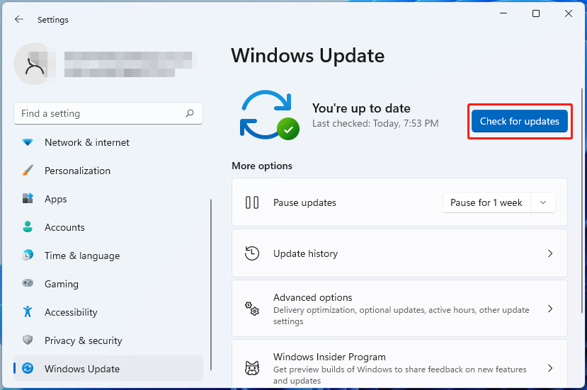 click Check for updates on Win11