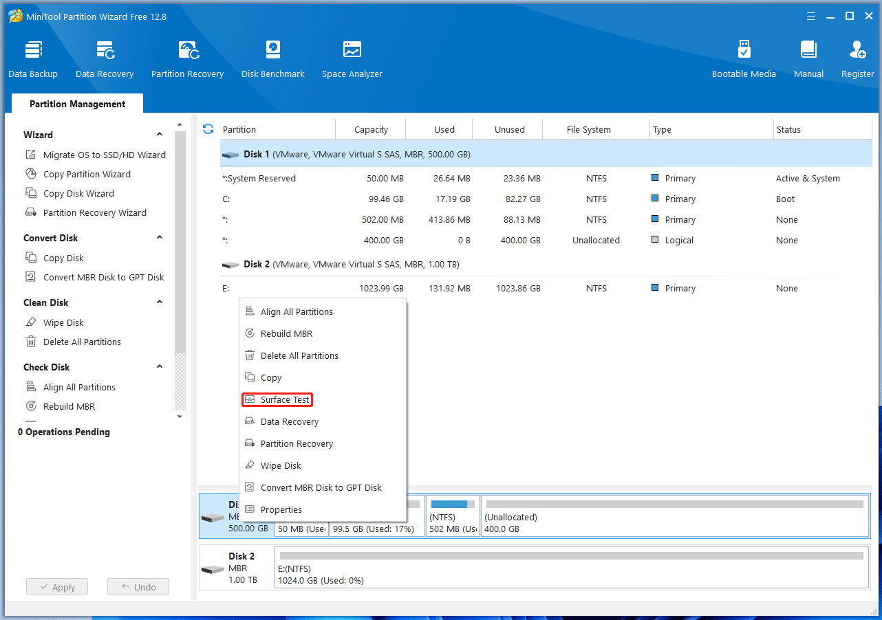 MiniTool Partition Wizard choose Surface Test