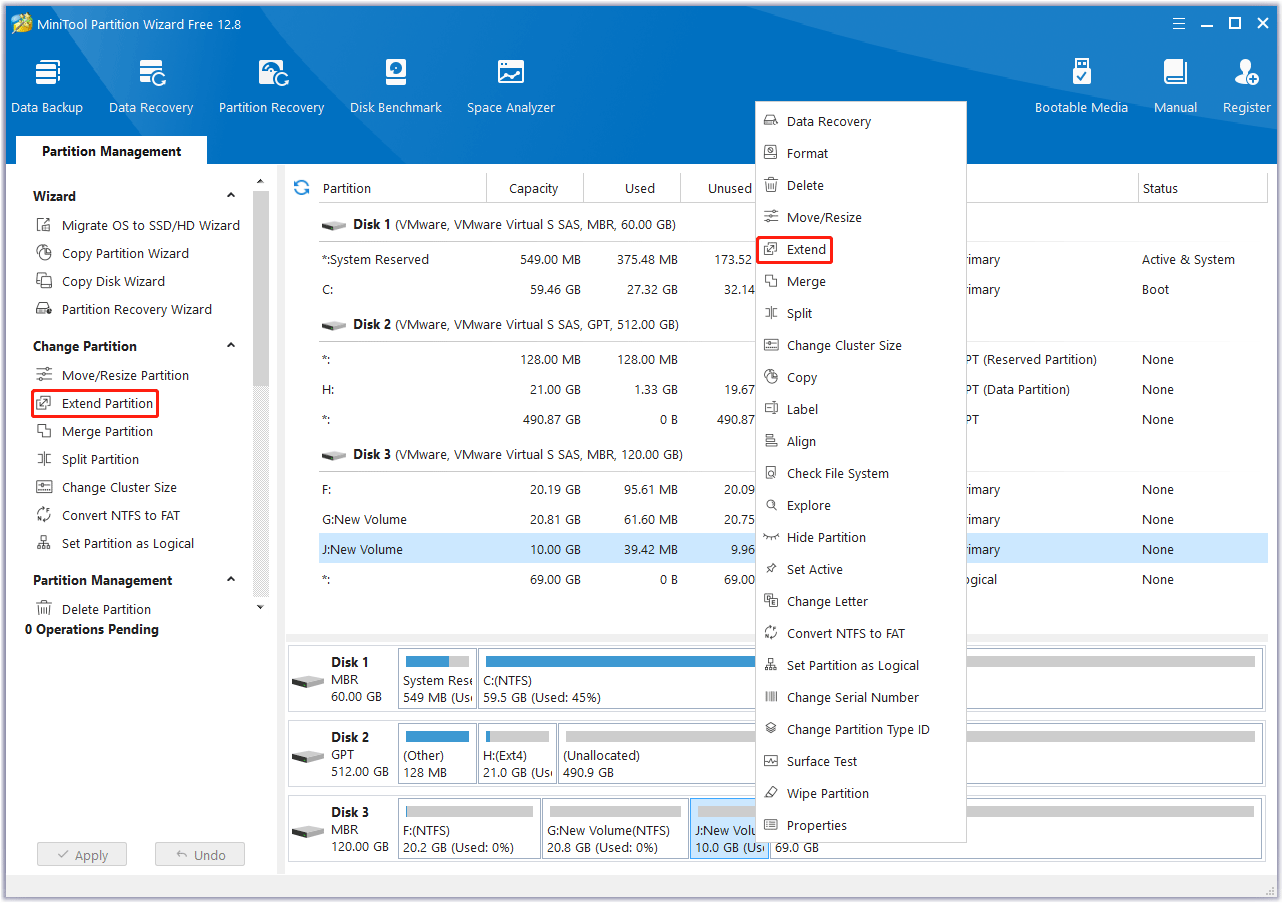 choose Extend Partition in MiniTool Partition Wizard