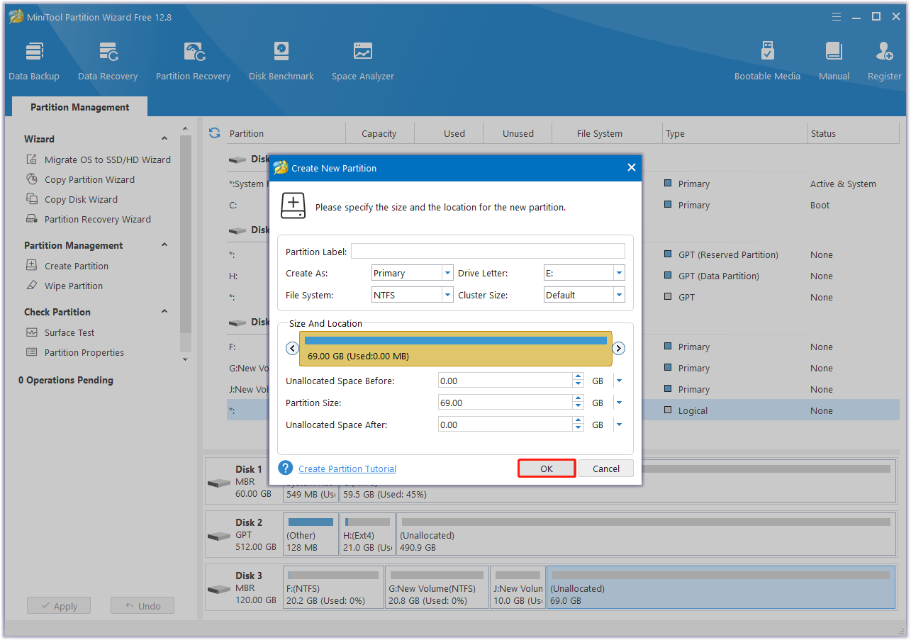 create partitions using MiniTool Partition Wizard