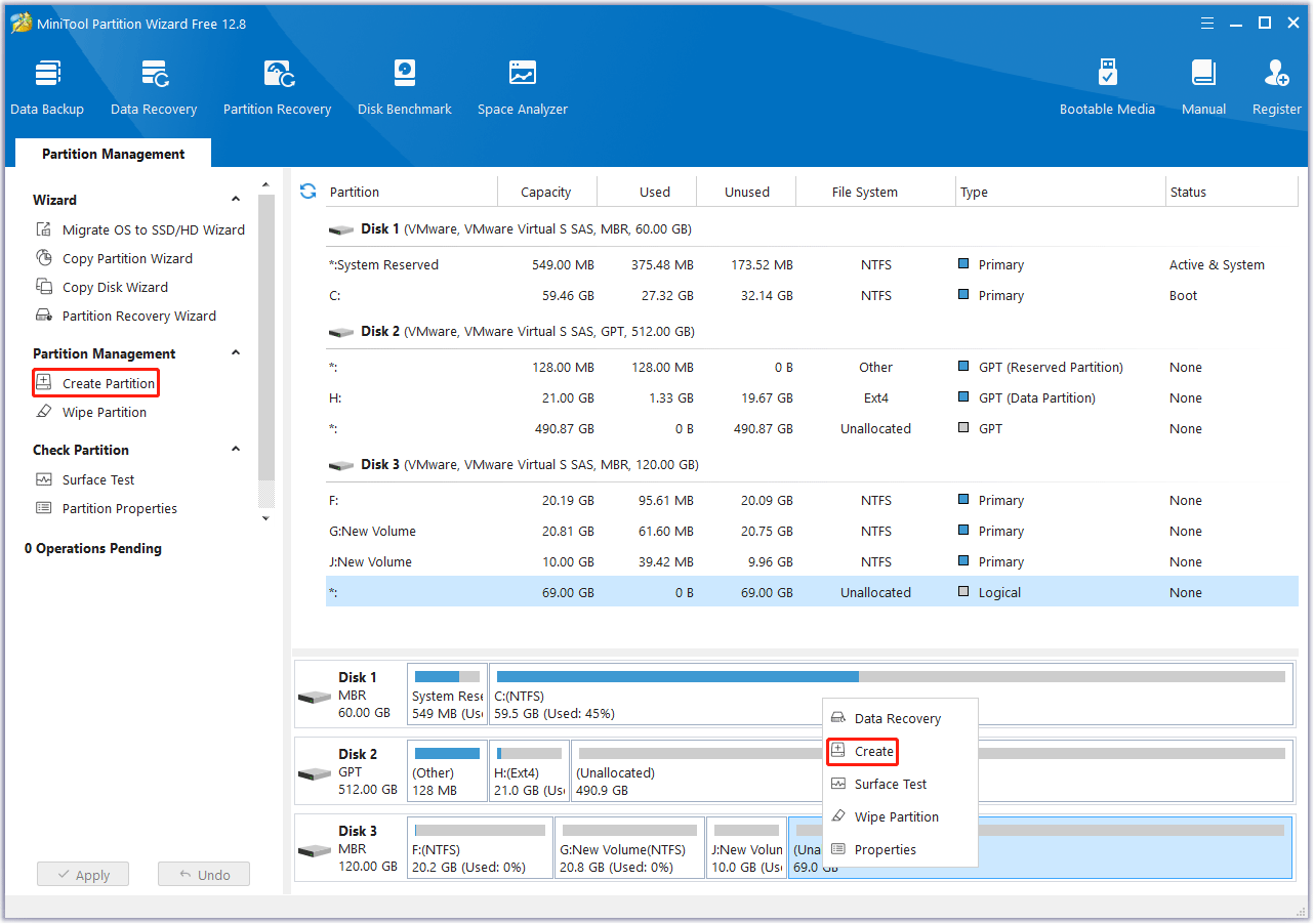 choose Create Partition in MiniTool Partition Wizard