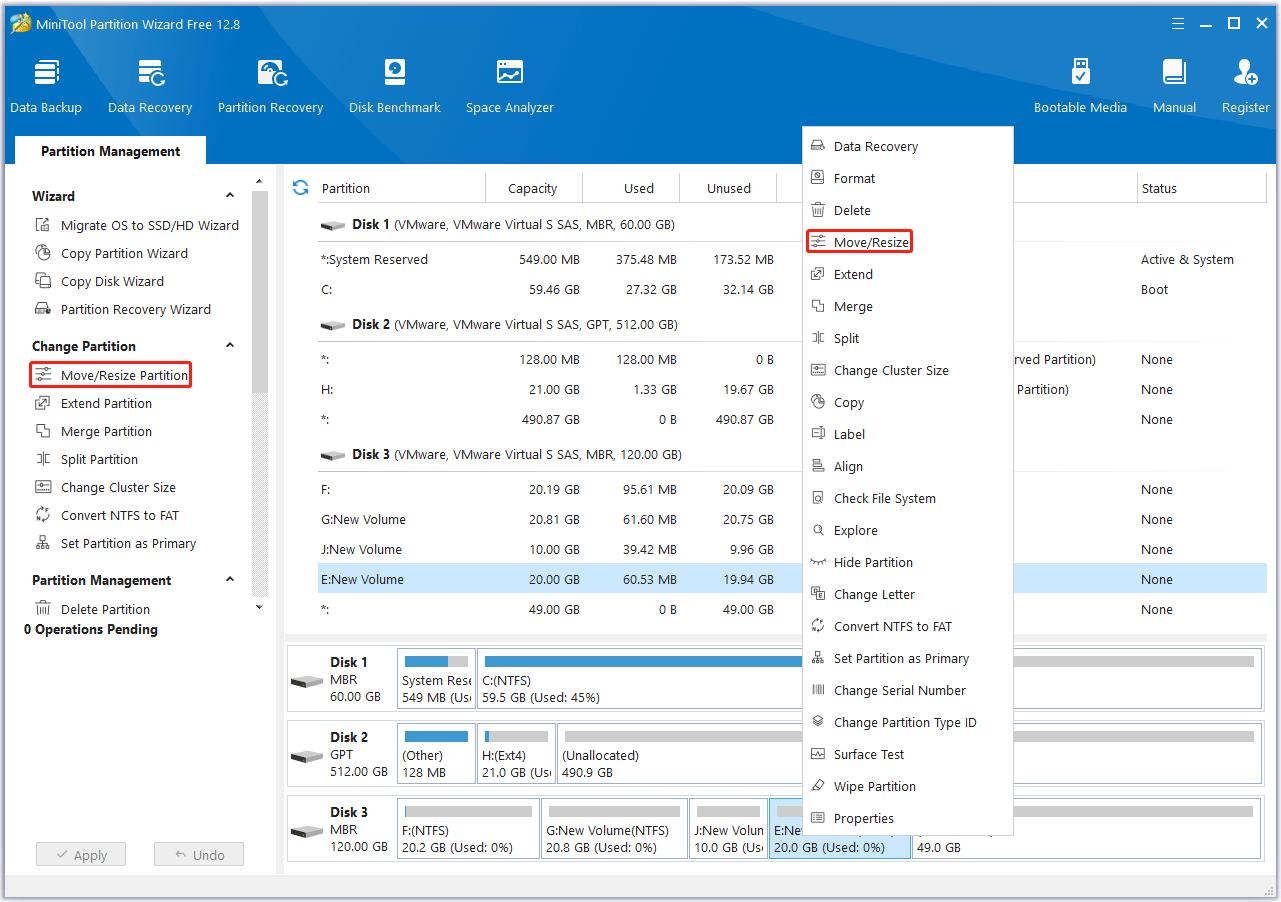 choose Move/Resize Partition in MiniTool Partition Wizard