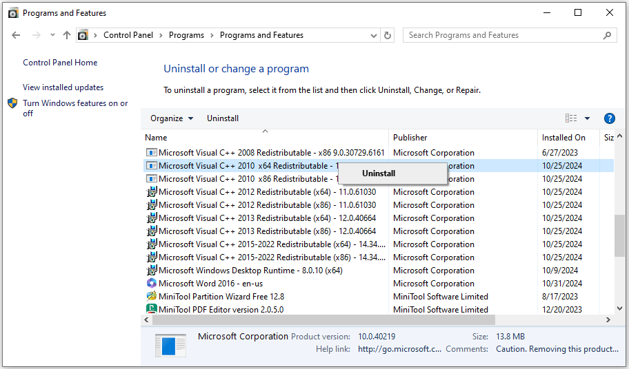 uninstall Microsoft Visual C++ Redistributable