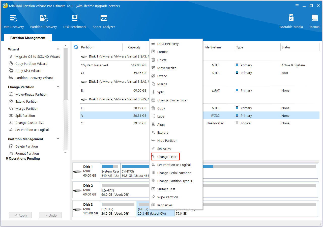 change letter with MiniTool Partition Wizard