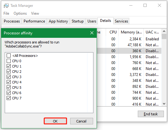 disable CPU 0 in Task Manager