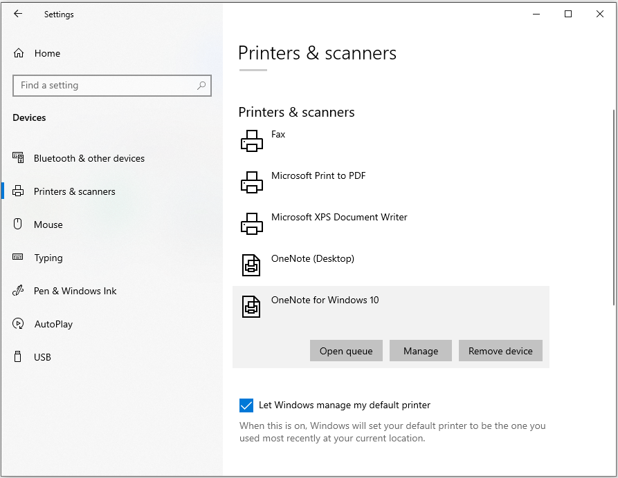 Windows printer and scanner settings