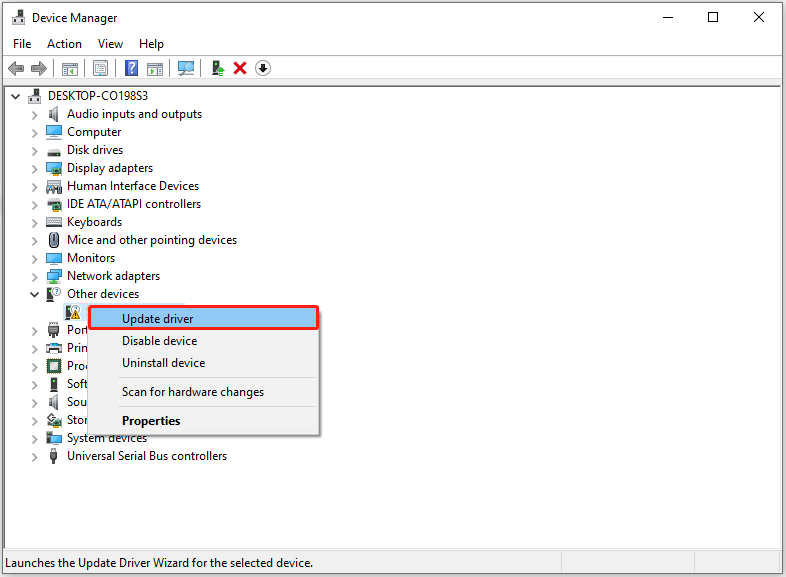 select Update driver in the Device Manager window