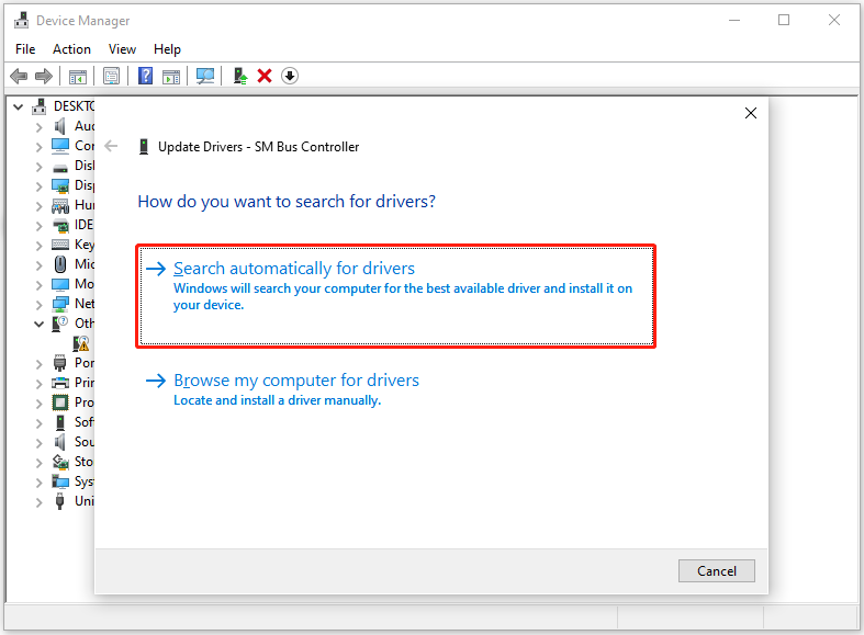 select Search automatically for drivers in the Update Drivers window