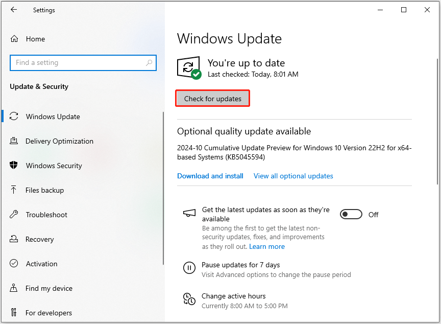 check for updates in Windows Update window