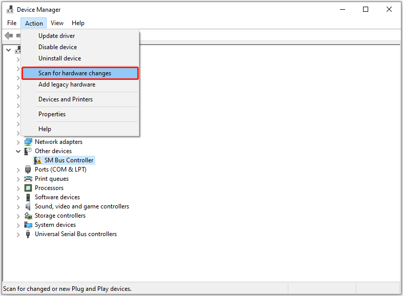 click Scan for hardware changes