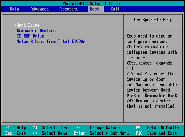 set Hard Drive as the first boot device