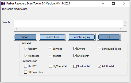 main interface of Farbar Recovery Scan Tool