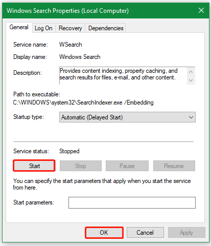 click Start on Windows Search Properties