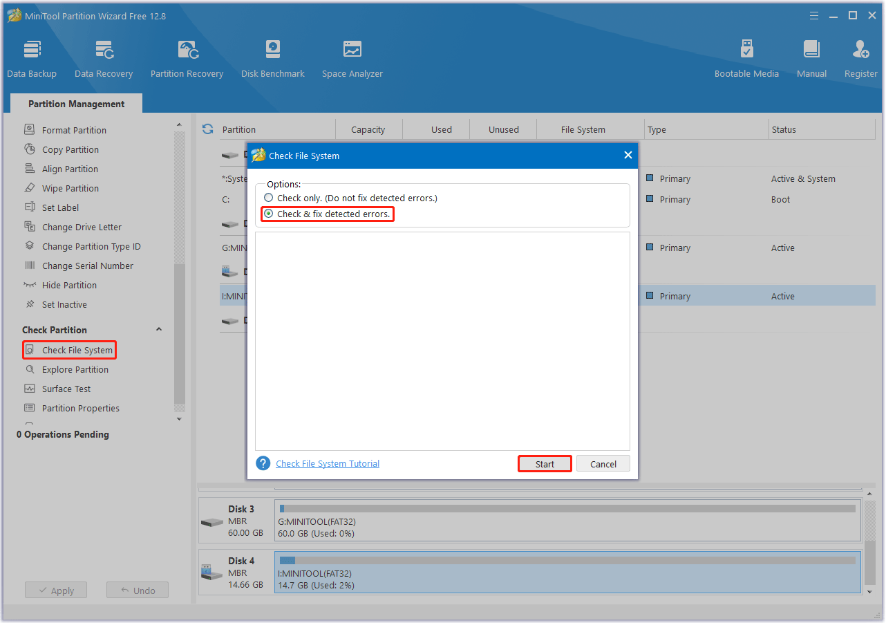 check and fix detected errors with MiniTool Partition Wizard