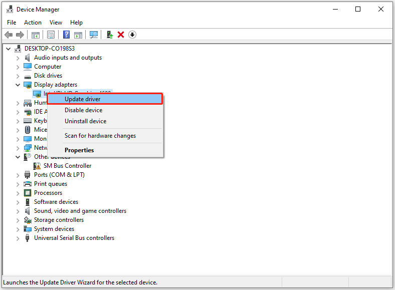 select Update driver in the Device Manager window