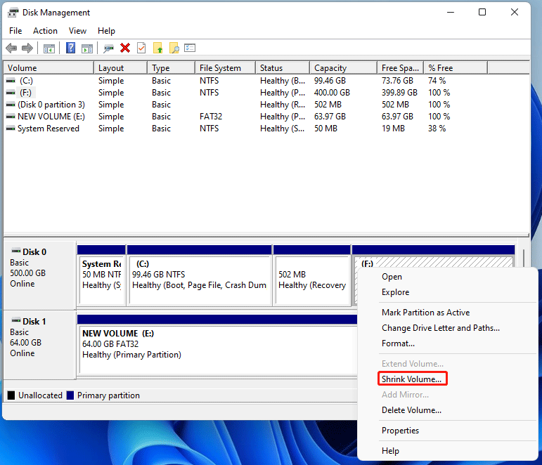 Shrink Volume in Disk Management