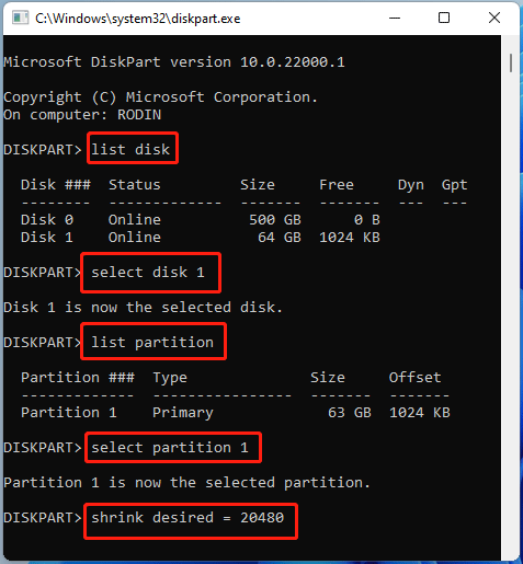 shrink a partition using DiskPart commands