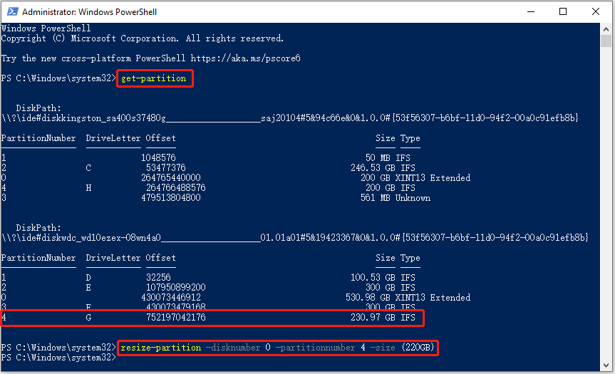 resize a partition in PowerShell