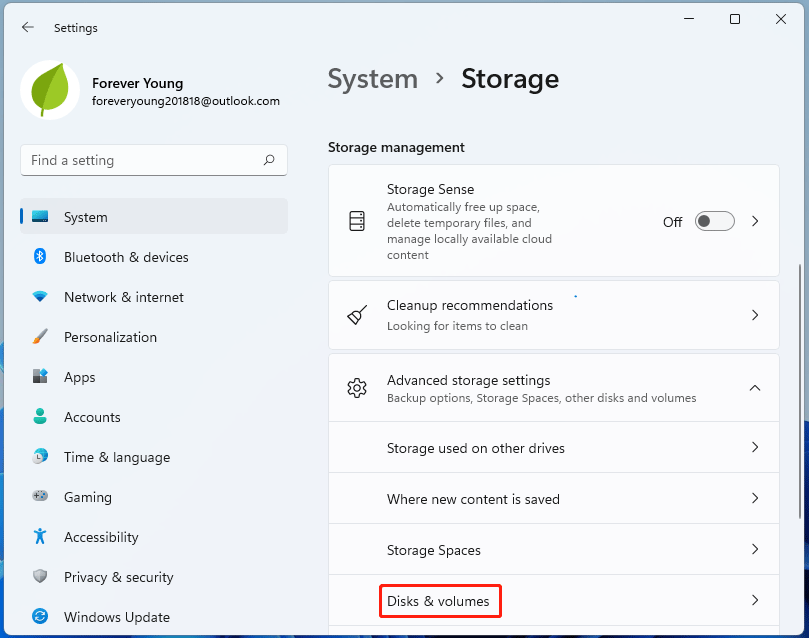 open Windows storage settings