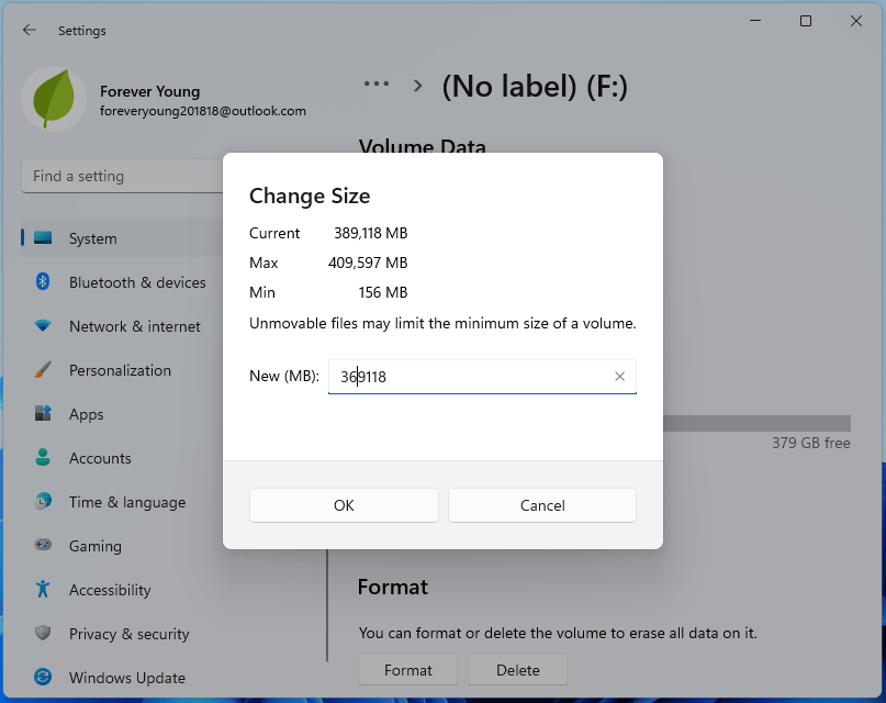 change partition size in Windows 11 settings