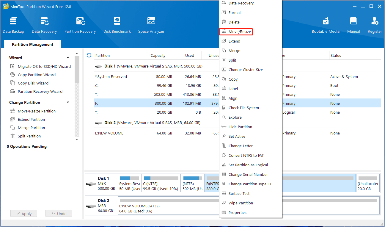 select the move or resize option MiniTool Partition Wizard