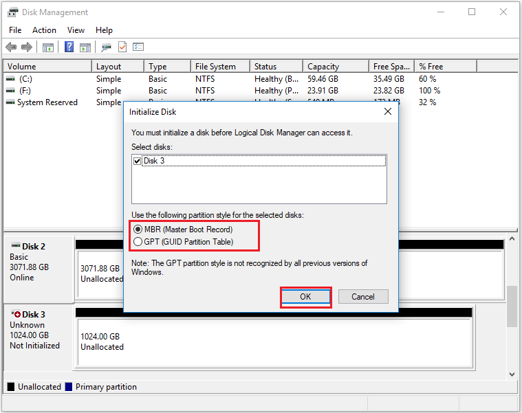 choose a partition style to initialize a disk to MBR or GPT