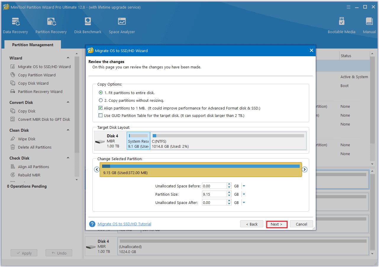 choose a copy option in MiniTool Partition Wizard