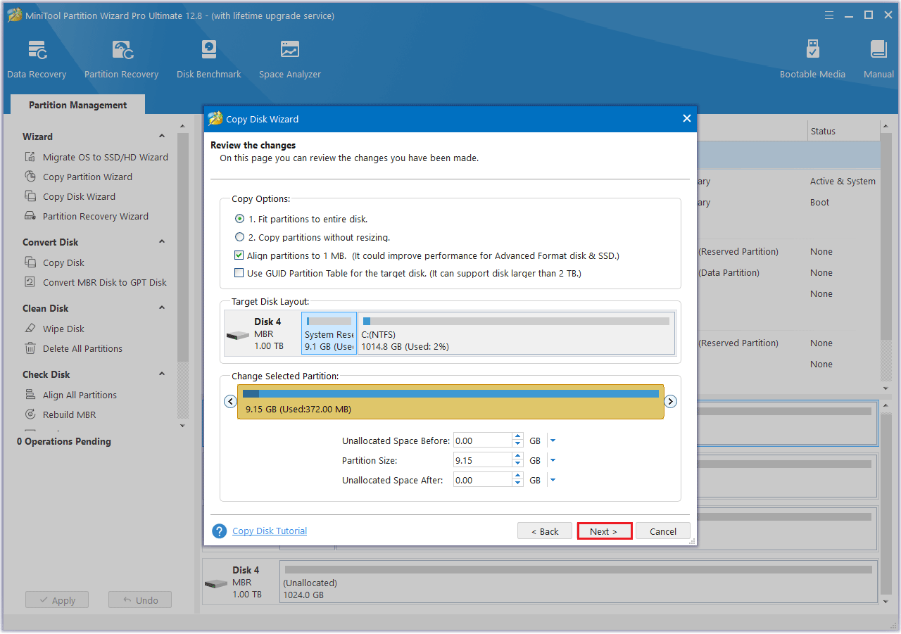 choose a copy option in MiniTool Partition Wizard