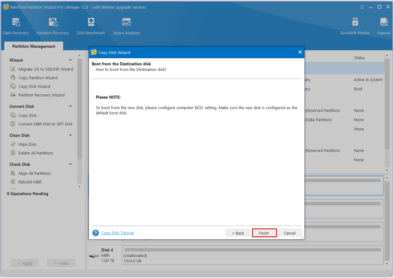 read boot note and click the Finish button in MiniTool Partition Wizard