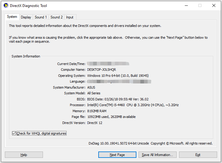 view your computer information via the DirectX Diagnostic Tool