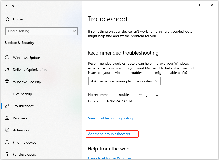 click Additional troubleshooters in the Troubleshoot Settings window