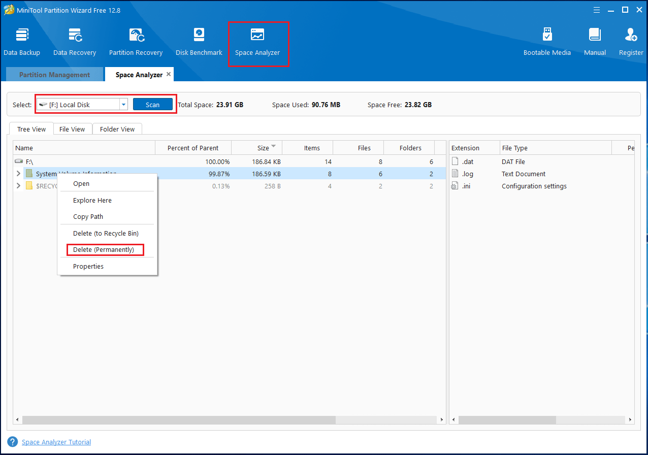 delete a file in MiniTool Partition Wizard