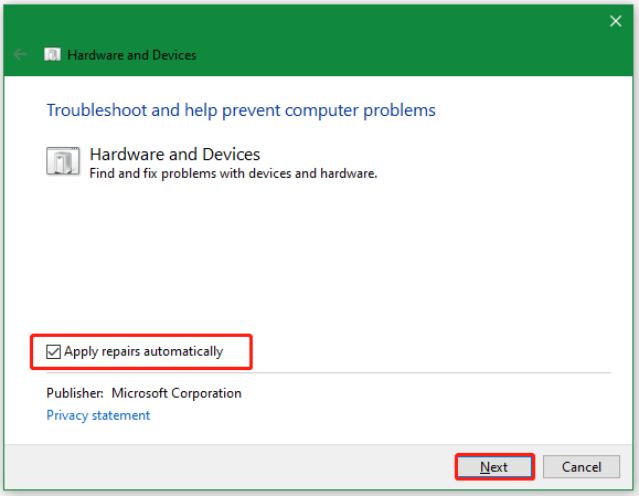 run hardware and devices troubleshooter